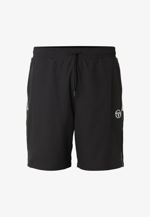 Pantaloncini sportivi neri con elastico in vita e coulisse, caratterizzati da strisce laterali bianche e un piccolo logo rotondo sulla gamba sinistra.