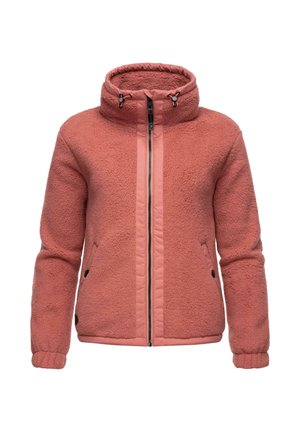 Rose-colored fleece jacket with a high collar, zip closure, and side pockets; features textured fabric and smooth accent panels.