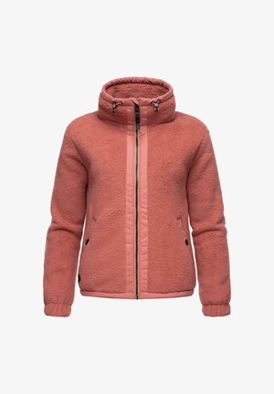 Rožinės spalvos pūkinė striukė su aukštu apykakle, užtrauktuku ir šoninėmis kišenėmis; išsiskiria tekstūruotu audiniu ir lygiomis akcento detalėmis.