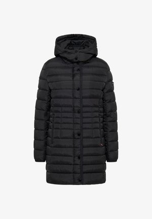 Czarna kurtka puchowa z kapturem, z poziomymi pikowanymi sekcjami, z przodu zapięcie na guziki oraz bocznymi kieszeniami. Gładka, lekka tkanina.