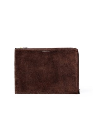 Dark brown suede rectangular pouch with top zipper and subtle branding near the top center.