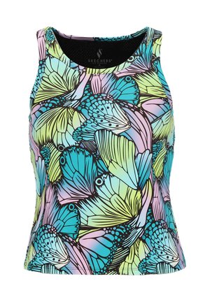 Tank top featuring a butterfly pattern in blue, green, and pink hues on a black background. Material appears lightweight with a smooth texture.