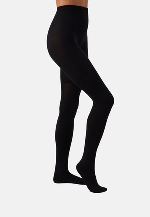 Leggings pretas opacas com uma textura suave, cintura alta e um design ajustado, que se estende da cintura até os tornozelos.