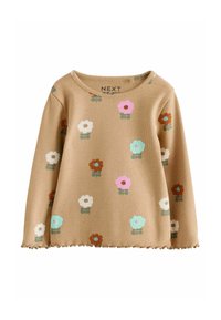 Maglia a maniche lunghe a coste color marrone chiaro con motivi floreali in rosa, bianco, blu e marrone. Bordo ondulato, design con scollatura a girocollo.