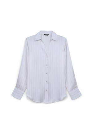 Chemise à manches longues blanche avec des rayures verticales rose clair, boutonnière à l'avant et col classique. Tissu lisse avec des poignets boutonnés.