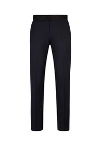 Marineblaue Hose mit schlanker Passform, flachem Bund, Gürtelschlaufen und einer glatten Stoffstruktur. Geeignet für formelle Kleidung.