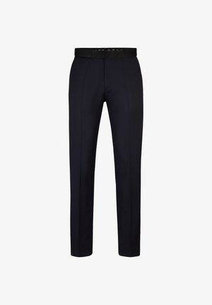 Navy trousers with a slim fit design, featuring a flat front, belt loops, and a smooth fabric texture. Suitable for formal attire.