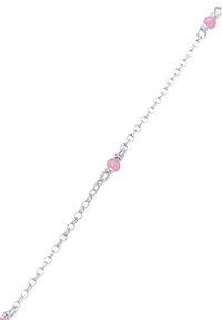 Bracciale in argento con piccoli e rotondi perline rosa disposte tra i link, creando un design delicato.