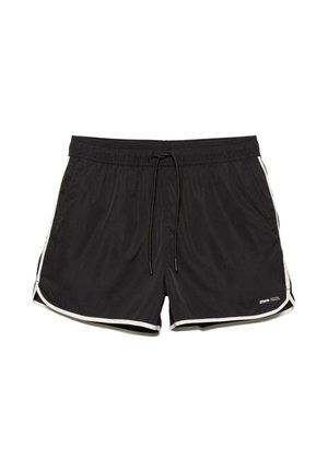 Čierne športové šortky s bielymi pruhmi po stranách, elastickým pásom, sťahovacou šnúrkou a malým bielym logom na dolnej ľavej nohe.