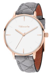 Montre ronde avec un cadran blanc et des accents en or rose. Bracelet en cuir gris matelassé avec une face lisse en dessous. Marqueurs d'heure simples et aiguilles.