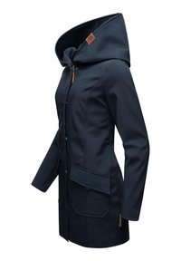 Navy blue waterproof jacket with a high collar and oversized hood, featuring two front pockets and contrast stitching. Zipper and snap closures.