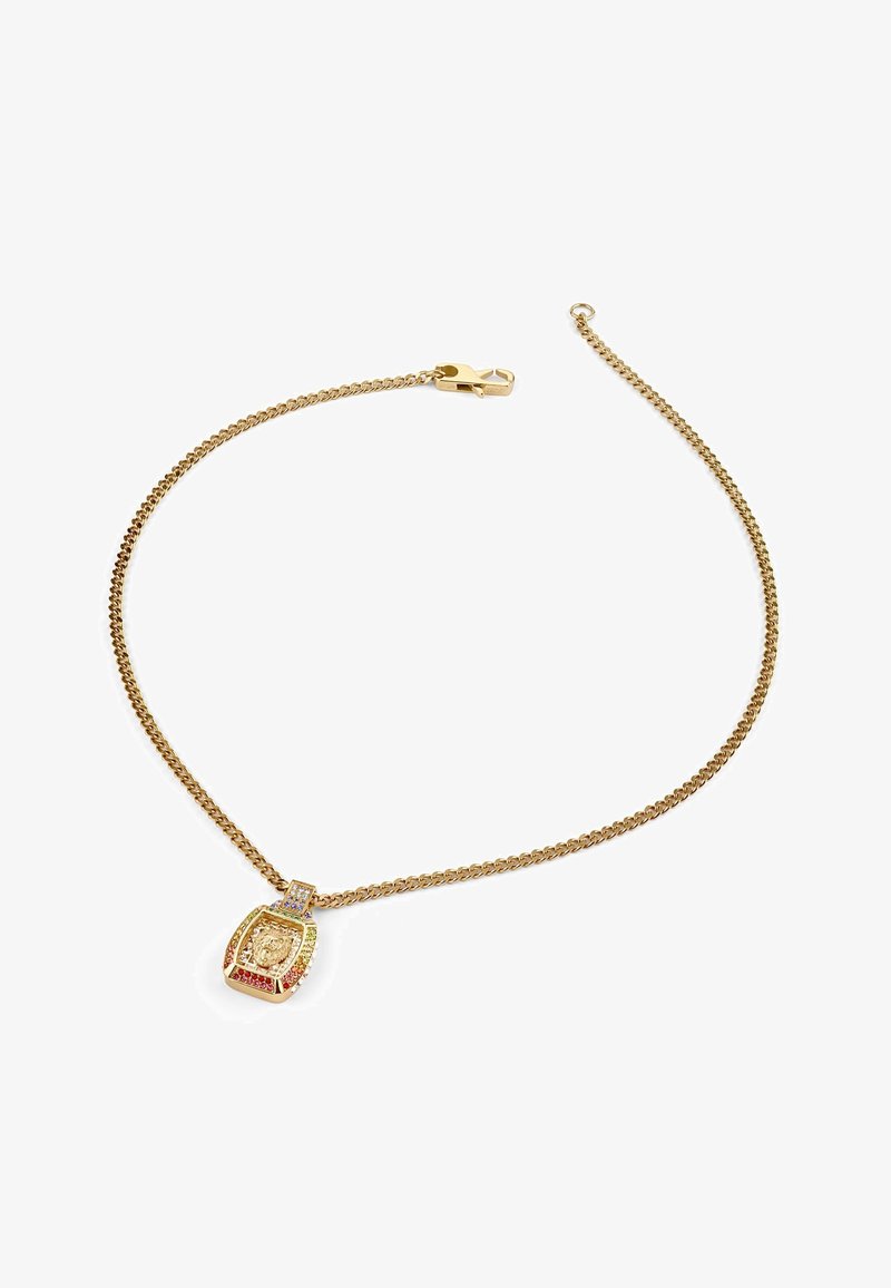 Collana in oro con pendente rettangolare impreziosito da accenti di gemme colorate, superficie liscia e chiusura a gancio.