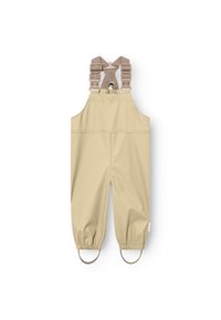 Salopette impermeabile beige con spalline regolabili e polsini elasticizzati. Presenta cuciture piatte e dettagli a cerchio alle caviglie per una vestibilità sicura.