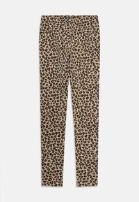 Leggings valmistettu sileästä kankaasta, jossa on vaalea tausta mustilla ja ruskeilla leopardilaikuilla, slim fit -malli ja joustava vyötärö.