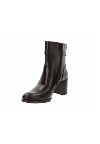 Donkerbruin lederen enkelboot met een ronde neus, een ritssluiting aan de zijkant en een blokhak. Heeft minimale stiksels en een slanke uitstraling.