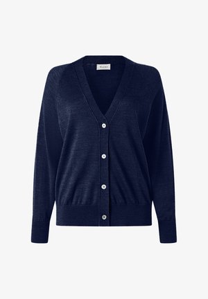 Granatowy kardigan z dekoltem w serek i długimi rękawami, prążkowanymi mankietami i dołem, czterema guzikami z przodu oraz metką marki Maerz wewnątrz kołnierza.