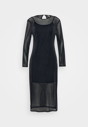 Vestido preto com mangas compridas transparentes, decote em bico e costas com abertura em formato de gota. Feito de um material leve e brilhante, com comprimento até ao joelho.