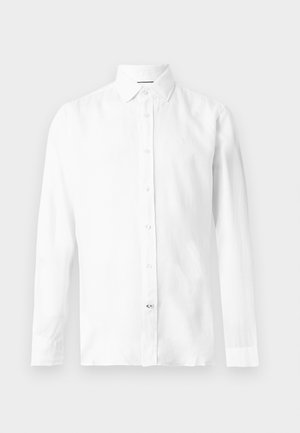 Hvit langermet skjorte med knapper og krage, vist flatt mot en lys bakgrunn.