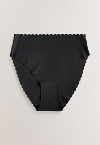 Zwarte, hoog getailleerde onderbroek met gegolfde randjes, gemaakt van gladde stof, met een ontwerp dat de volledige achterkant bedekt.