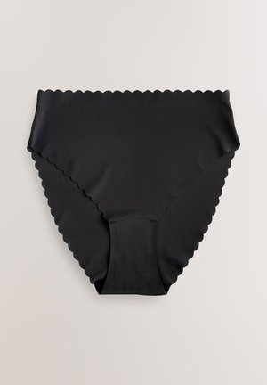 Mustad kõrge vöökohaga aluspüksid laineliste servadega, valmistatud siidjast kangast, täispikk tagakattuvus.