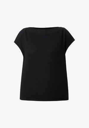 Sort strikket top med korte ærmer, bred bådudskæring og løs pasform, vist mod en hvid baggrund.
