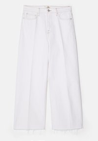 Vaqueros anchos blancos de denim, con dobladillo desflecado, bolsillos frontales y costuras en contraste a lo largo de las costuras.