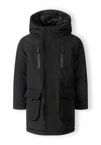 Parka noire matelassée avec capuche, deux poches zippées à l'avant et deux poches à rabat. Texture lisse avec un intérieur matelassé.