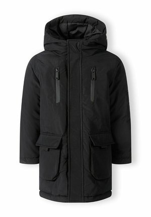 Schwarze gepolsterte Parkajacke mit Kapuze, zwei vorderen Reißverschluss-Taschen und zwei Klapptaschen. Glatte Textur mit gestepptem Innenfutter.