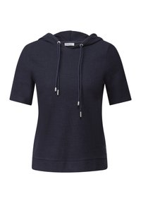 Navy hoodie with short sleeves, drawstring detail, and a soft texture. Features a slightly loose fit and a brand logo at the hem.
