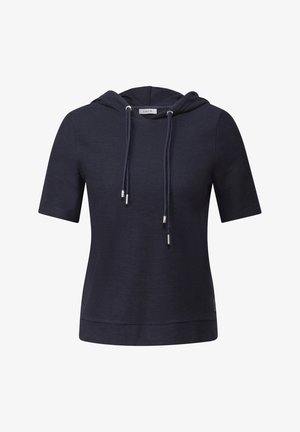 Marine hoodie met korte mouwen, trekkoorddetails en een zachte textuur. Heeft een iets losse pasvorm en een merklogo aan de onderkant.