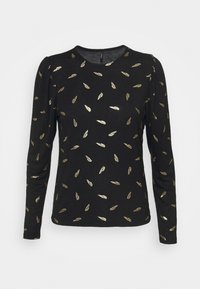 Schwarzes Langarmshirt mit rundem Ausschnitt und goldenen blattähnlichen Mustern. Hergestellt aus weichem Stoff mit leicht gepufften Ärmeln.