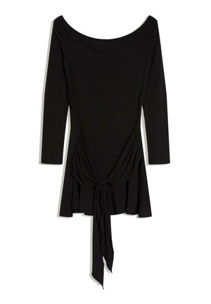 Schwarzes langärmliges Oberteil mit weitem U-Boot-Ausschnitt und vorderem Knotendetail, das in lange Stoffbänder übergeht.