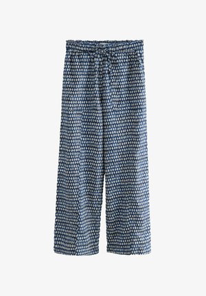 Blue patterned wide-leg pants with an elastic waistband and drawstring. Features a white abstract design throughout for visual texture.