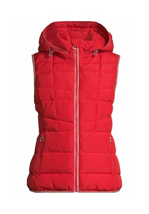 Gilet sans manches matelassé rouge avec fermeture éclair à l'avant, capuche avec cordons de serrage et poches latérales zippées.
