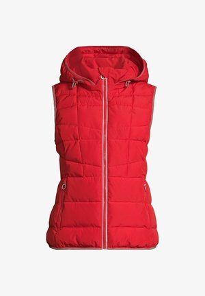 Gilet sans manches matelassé rouge avec fermeture éclair à l'avant, capuche avec cordons de serrage et poches latérales zippées.