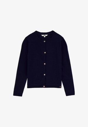 Mornarsko plavi kardigan izrađen od mekog pletenog materijala. Ima duge rukave, okrugli izrez i dugmadi u zlatnoj boji duž prednje strane.