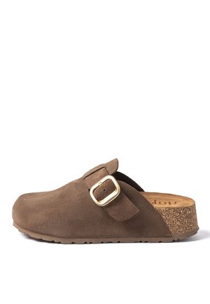 Brown suede slip-on clog with a gold buckle strap and cork footbed, flat sole, and open back for easy wear.
