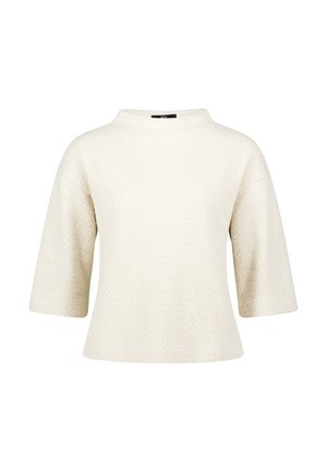 Korte mouwen crèmekleurige top met een herringbone patroon, ronde halslijn en een relaxed fit. Gemaakt van een zachte, gestructureerde stof.