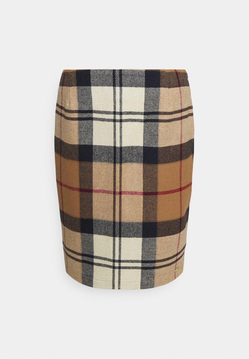 Jupe à carreaux présentant un motif tartan beige, marron et noir. Fabriquée en tissu texturé avec une silhouette ajustée en ligne A et un bas ourlé.