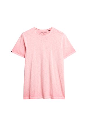 Light pink short-sleeve t-shirt made of soft fabric, featuring a crew neck and a logo label on the left sleeve. Textured, heathered design.