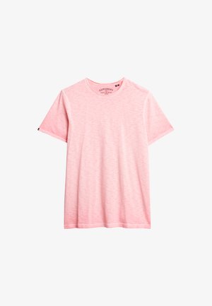 Light pink short-sleeve t-shirt made of soft fabric, featuring a crew neck and a logo label on the left sleeve. Textured, heathered design.