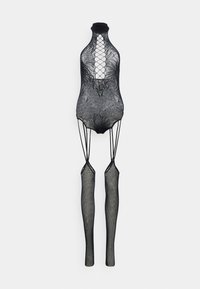 Svart spetsbodysuit med hög krage, öppen rygg och korsade detaljer. Har genomskinliga meshben med justerbara remmar och intrikata mönster.