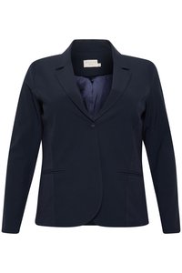 Námořnický modrý blazer s jedním knoflíkem, klopovými límci a dvěma bočními kapsami. Vyroben z hladké, texturované látky s štíhlým střihem.