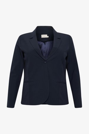 Navy blue blazer with a single button closure, notched lapels, and two side pockets. Made of smooth, textured fabric with a streamlined fit.
