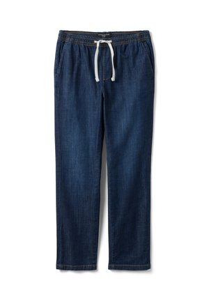 Dunkelblaue Denim-Jogginghose mit elastischem Bund und weißem Kordelzug, ausgestattet mit Seitentaschen und geradem Bein.