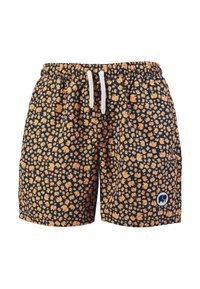 Black swim shorts featuring a repeating orange elephant pattern, elastic waistband with white drawstring, side pockets, and logo patch.