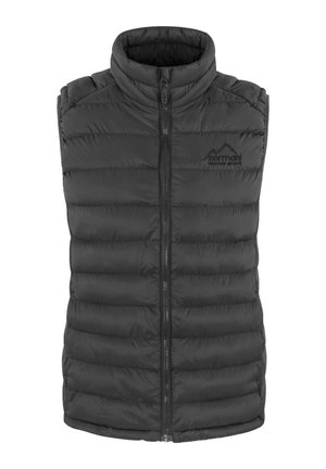 Czarna pikowana kamizelka bez rękawów z przednim zamkiem błyskawicznym i wysokim kołnierzem, z poziomym przeszyciem i subtelnym logo na piersi.