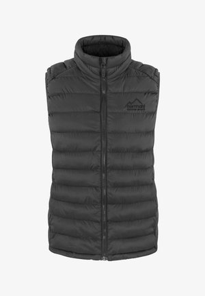 Sort polstret ærmeløs vest med lynlås foran og høj krave, med quiltet vandret syning og diskret logo på brystet.