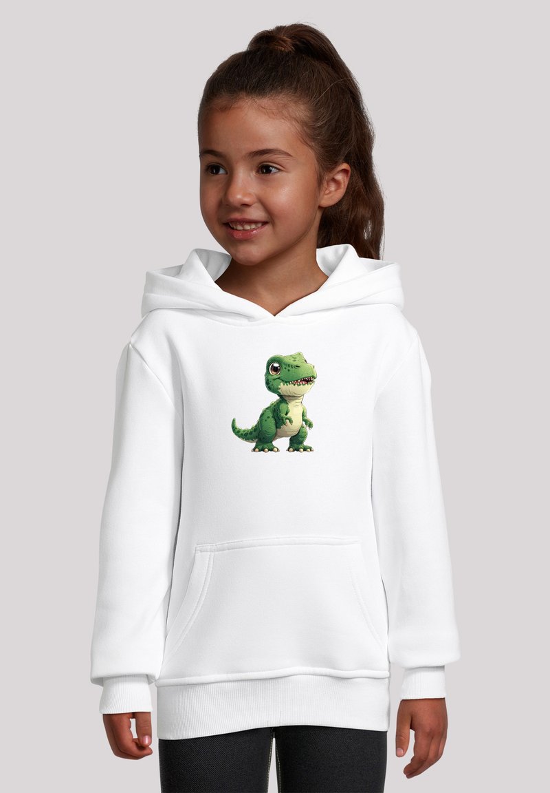 Weißer Hoodie mit einer Vordertasche, der ein Cartoon-Design eines grünen Dinosauriers zeigt. Der Stoff wirkt glatt, hat eine lockere Passform und eine Kapuze.