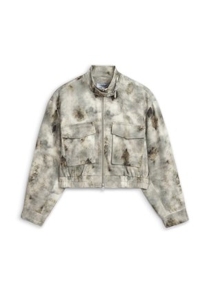 Gekürzte Reißverschlussjacke mit Stehkragen, zwei vorderen Klappentaschen, elastischem Bund und einem grau-braunen Batikmuster.